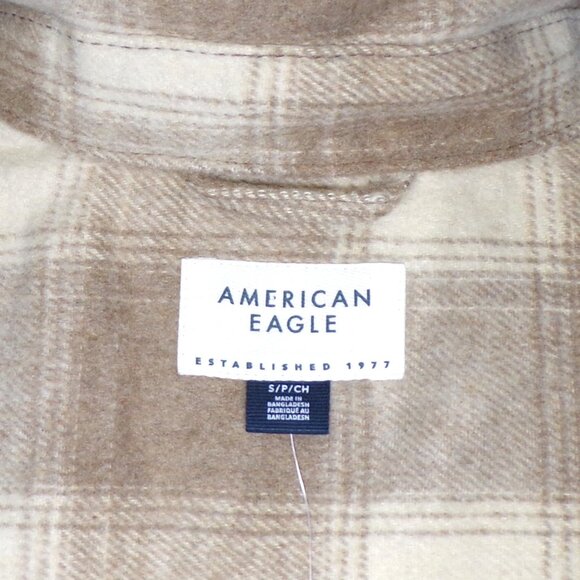 AEO American Eagle Fleece Plaid Shacket Womens SM Tan White Oversized Jacket - Picture 2 of 12